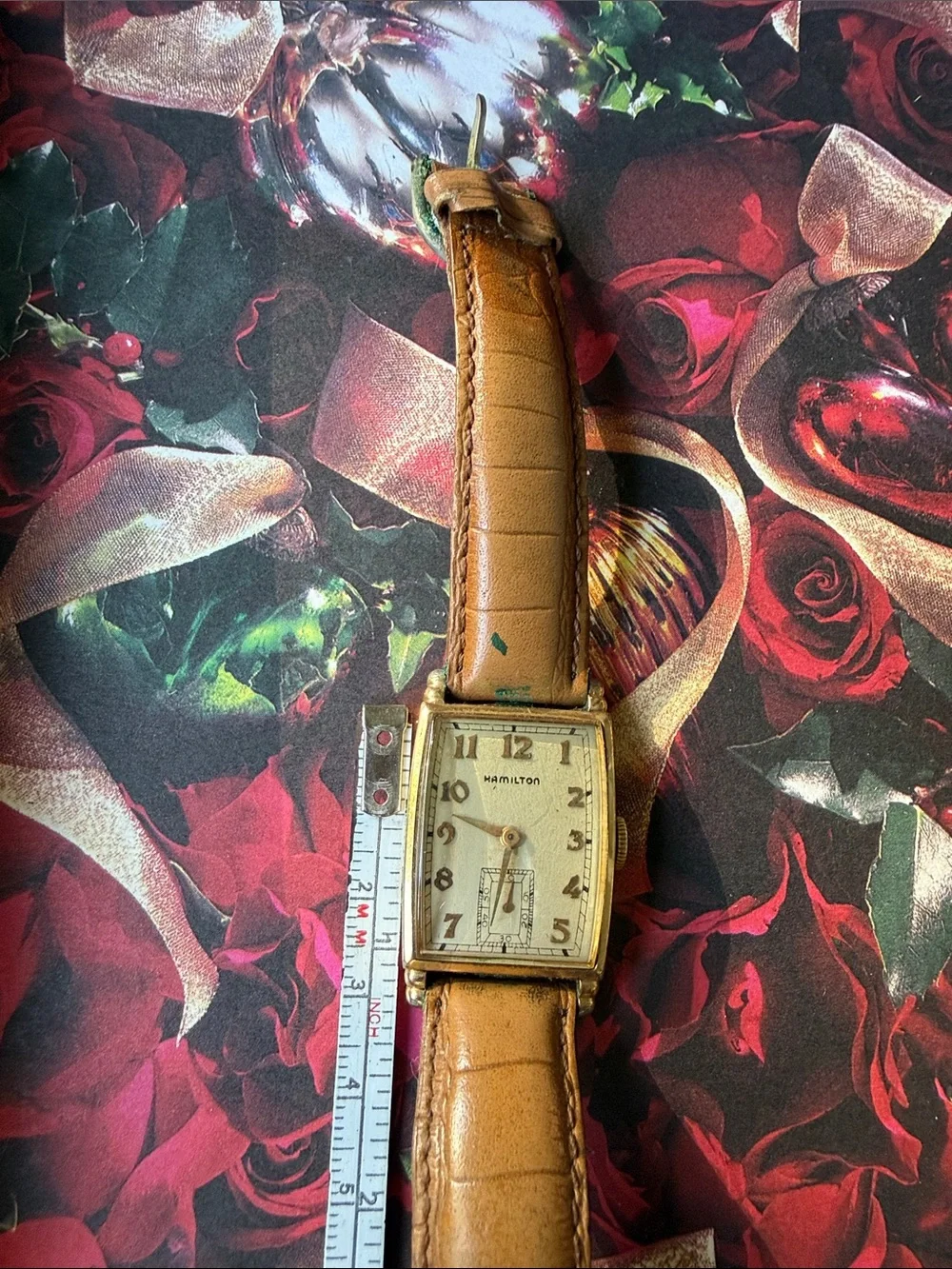 Hamilton Gold-Tone Rectangular Vintage Watch with Tan Leather Strap